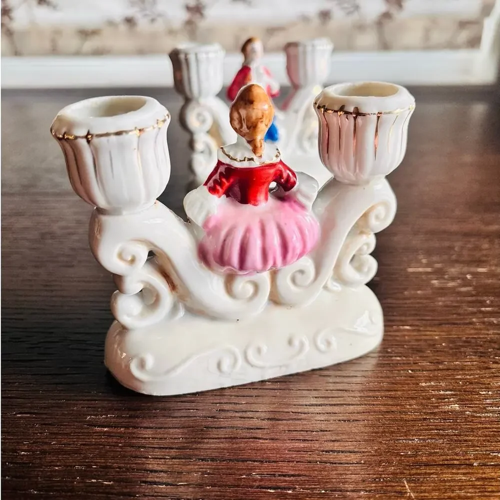 Made in Occupied Japan Colonial Couple Porcelain Candle Holders Pair